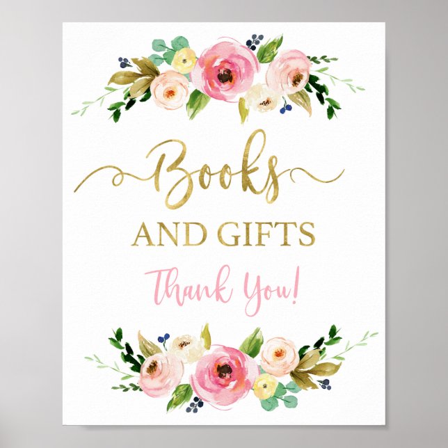 Affiche Books and gifts pink and gold floral sign (Devant)
