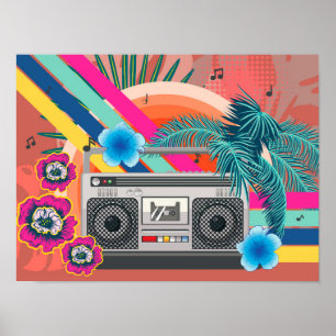 Affiche Boombox avec feuilles tropicaux et fleurs