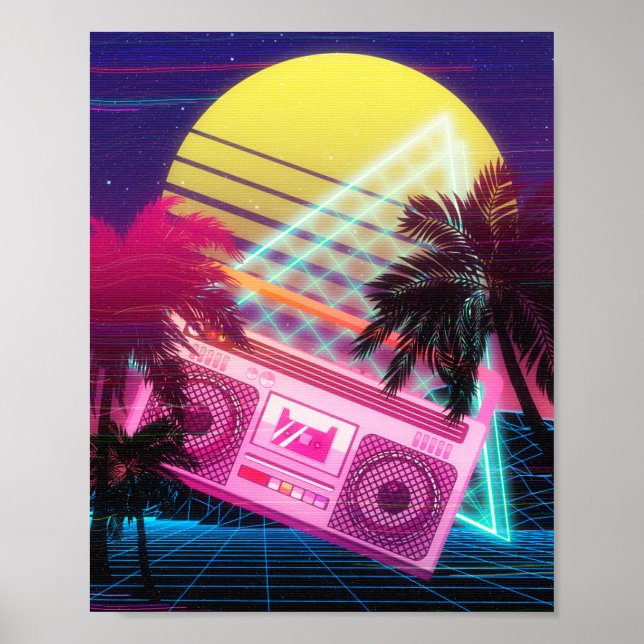 Affiche Boombox rose Funky des années 80 avec palmiers (Devant)