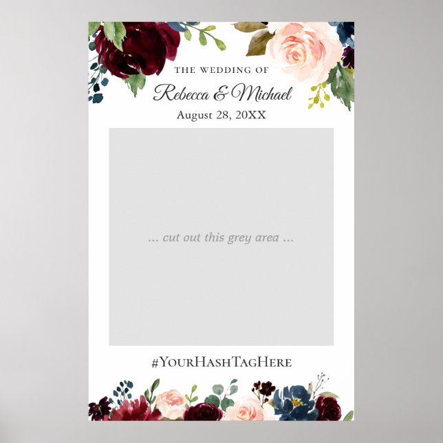 Affiche Booth Photo de mariage floral Navy Blush Bourgogne (Devant)