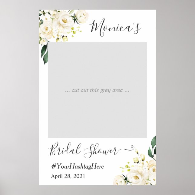 Affiche Booth Photo de Mariage Floral Rose Blanche Ivoire (Devant)