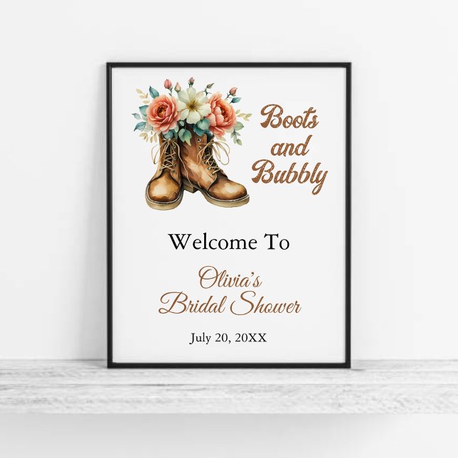 Affiche Boots & Bubbly Rustic Bridal Shower Welcome (Rustic Boots & Bubbly Bridal Shower Welcome Sign   )