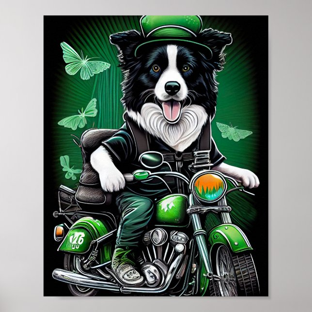Affiche Border Collie Chien Conduisant Vélo St. Patrick's  (Devant)