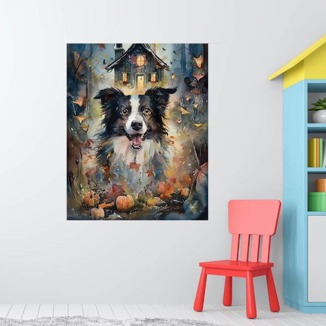 Affiche Border Collie d'Halloween avec citrouilles effraya (Pépinière 1)