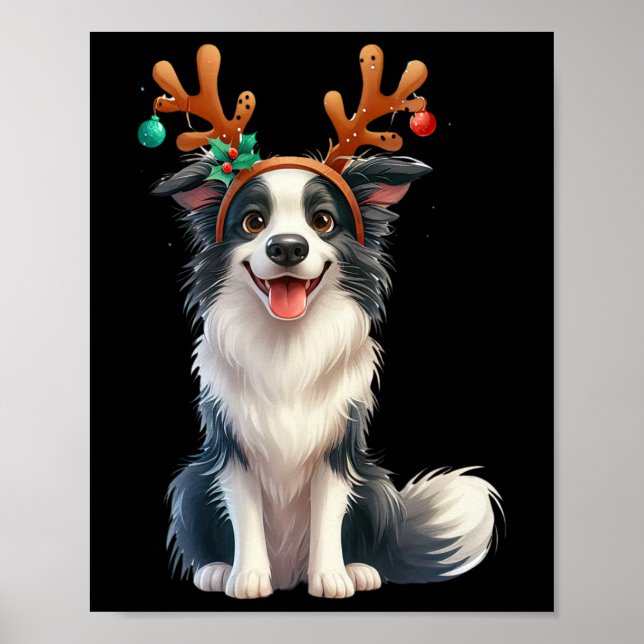 Affiche Bordure Collie Reindeer Santa Hat Noël Lumières Ch (Devant)