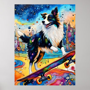 Affiche Bordure Collie Skateboard