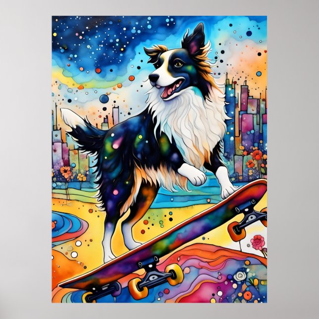 Affiche Bordure Collie Skateboard (Devant)