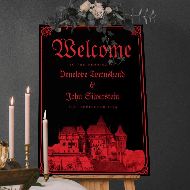 Affiche Bordure de Château Gothique Noir Rouge Mariage Bie (Gothic Castle Border Black Red Wedding Welcome Poster)