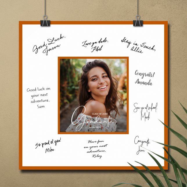 Affiche Bordure orange brûlé pour autographe de remise de  (Graduation autograph photo poster with burnt orange border, INSTANT DOWNLOAD and/or PRINTED)