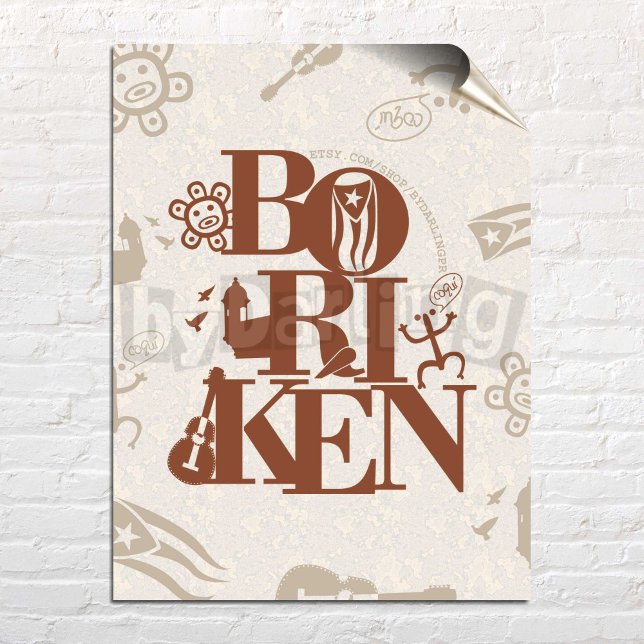 Affiche Boriken Porto Rico Taino Wall Art Télécharger l'af (Boriken Puerto Rico Brown Art Printed Poster over white brick wall)