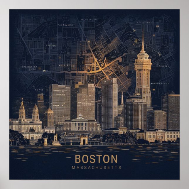 Affiche Boston, Boston Massachusetts City Skyline avec car (Devant)