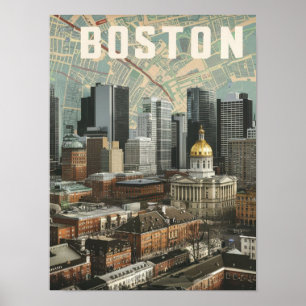 Affiche Boston, Boston Massachusetts City Skyline avec car