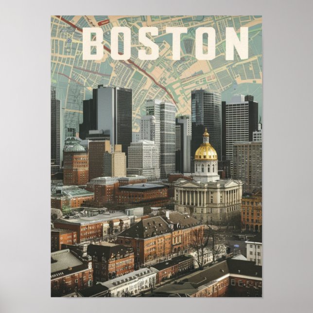Affiche Boston, Boston Massachusetts City Skyline avec car (Devant)