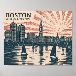 Affiche Boston Charles River Voiliers Skyline Art Vintage