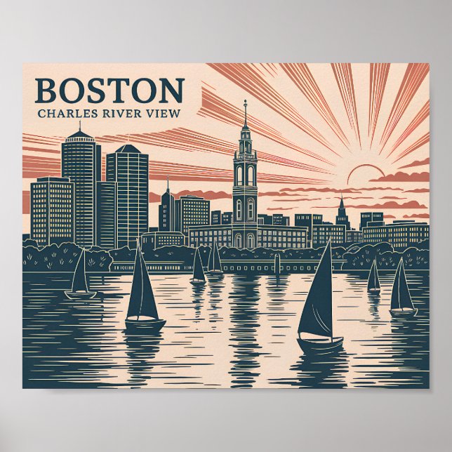 Affiche Boston Charles River Voiliers Skyline Art Vintage (Devant)