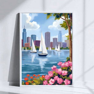 Affiche Boston Harbor Printemps   Baie Bateau Skyline de l