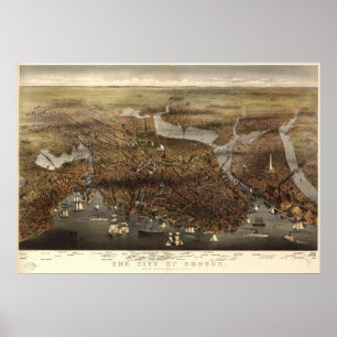 Affiche Boston Massachusetts 1873 Antique carte panoramiqu