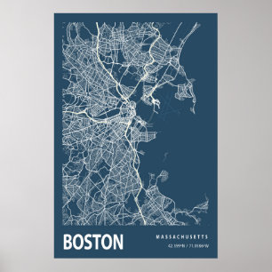 Affiche Boston Massachusetts City Map Line Art Blue Print