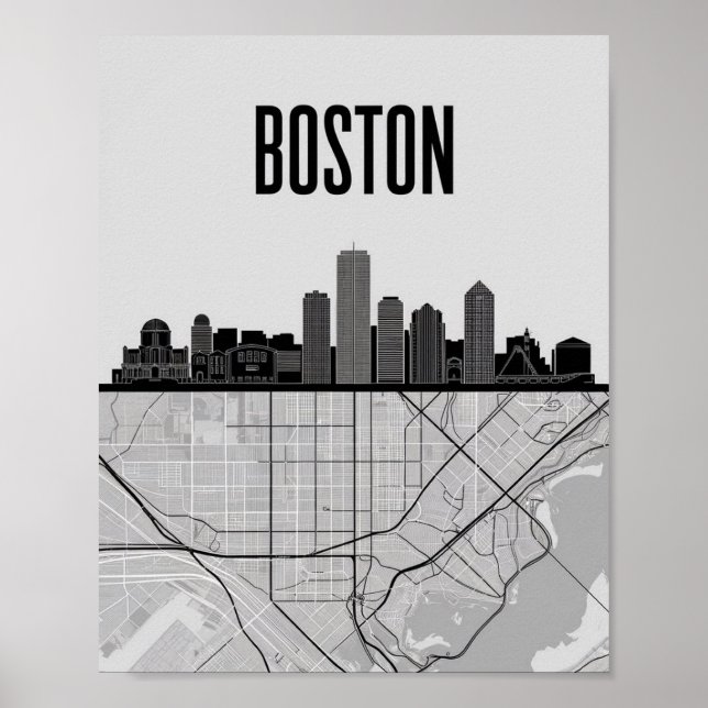 Affiche Boston Massachusetts City Skyline avec carte (Devant)