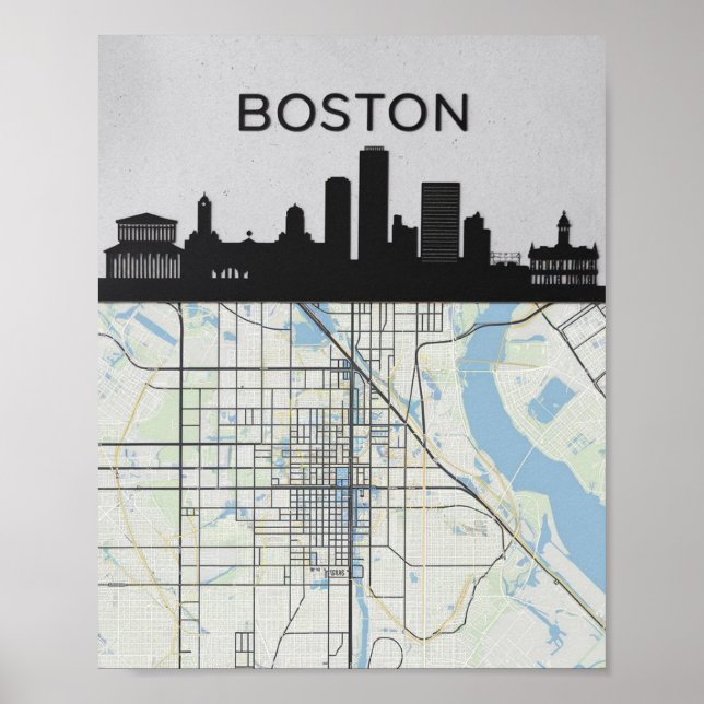 Affiche Boston Massachusetts City Skyline avec carte (Devant)