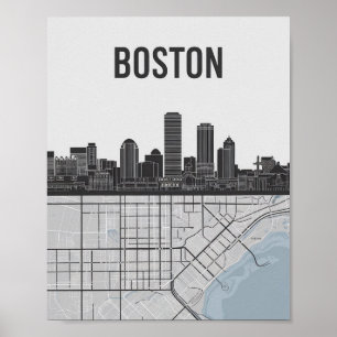 Affiche Boston Massachusetts City Skyline avec carte