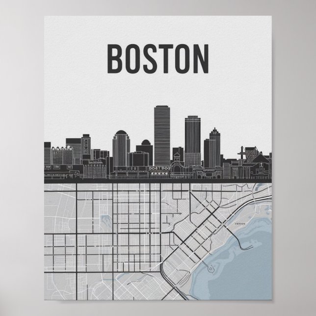 Affiche Boston Massachusetts City Skyline avec carte (Devant)