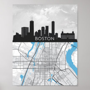 Affiche Boston Massachusetts City Skyline avec carte