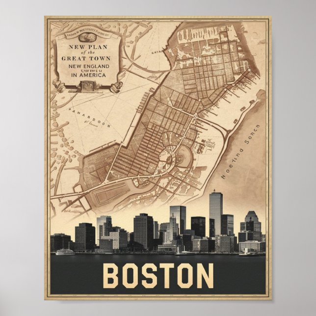 Affiche Boston Massachusetts City Skyline Avec Carte Vinta (Devant)
