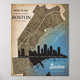 Affiche Boston Massachusetts City Skyline Avec Carte Vinta