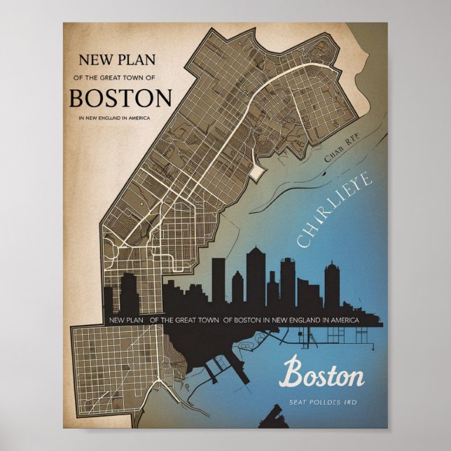 Affiche Boston Massachusetts City Skyline Avec Carte Vinta (Devant)