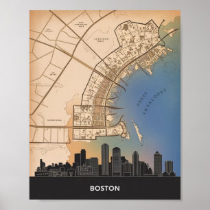 Affiche Boston Massachusetts City Skyline Avec Carte Vinta