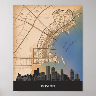 Affiche Boston Massachusetts City Skyline Avec Carte Vinta