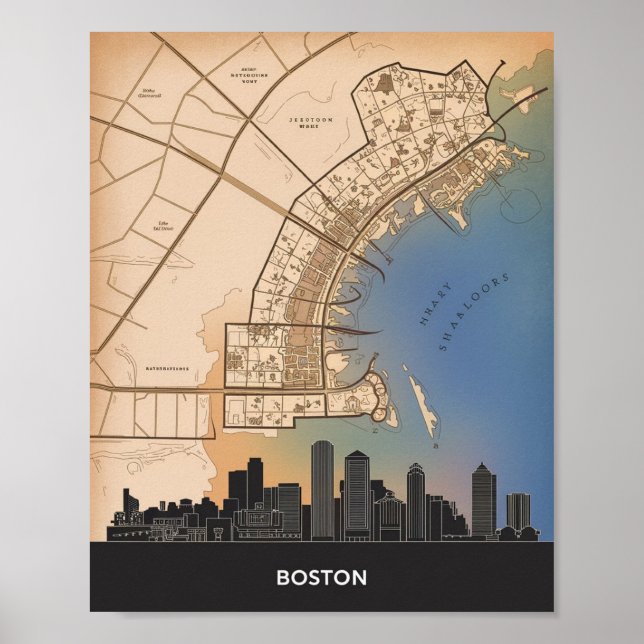 Affiche Boston Massachusetts City Skyline Avec Carte Vinta (Devant)