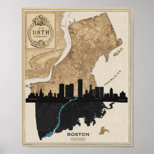 Affiche Boston Massachusetts City Skyline Avec Carte Vinta