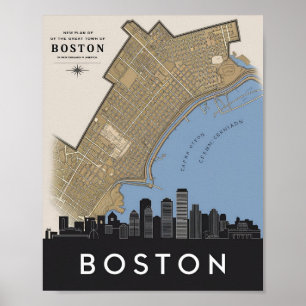 Affiche Boston Massachusetts City Skyline Avec Carte Vinta