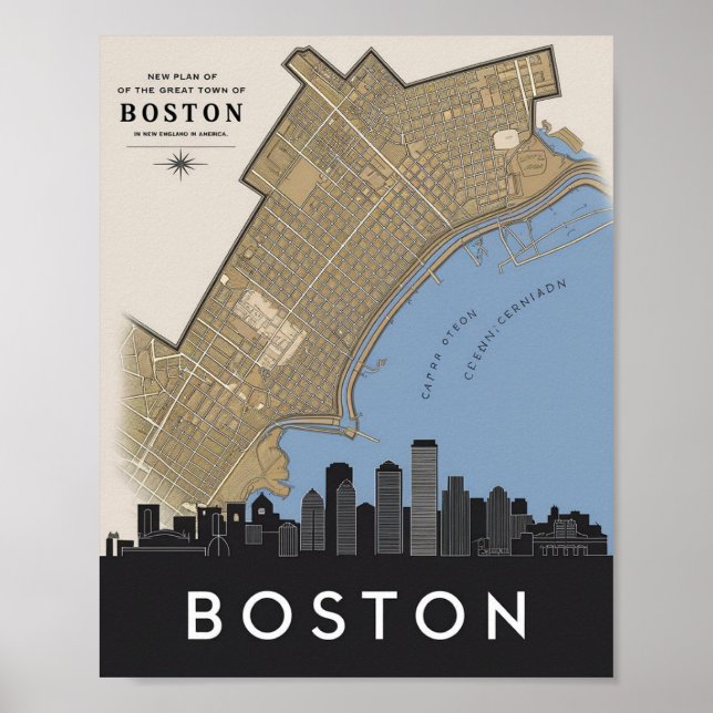 Affiche Boston Massachusetts City Skyline Avec Carte Vinta (Devant)