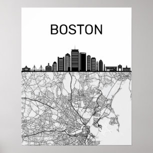Affiche Boston Massachusetts City Skyline With Map