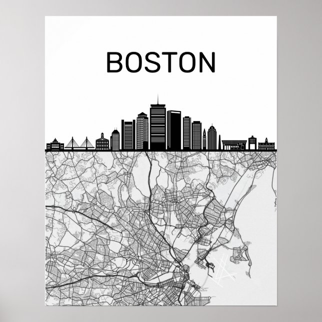 Affiche Boston Massachusetts City Skyline With Map (Devant)
