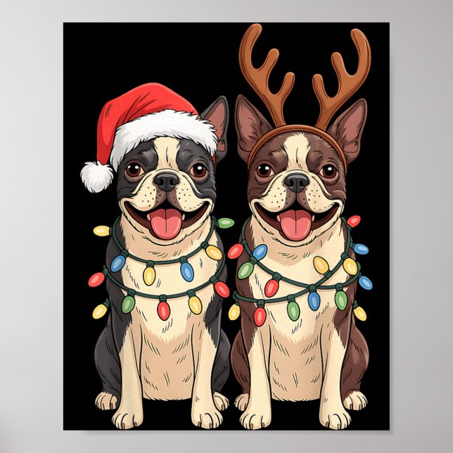 Affiche Boston Terrier Christmas Santa Hat Reindeer Lights (Devant)