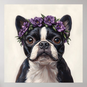 Affiche Boston Terrier dans une couronne de fleurs violett