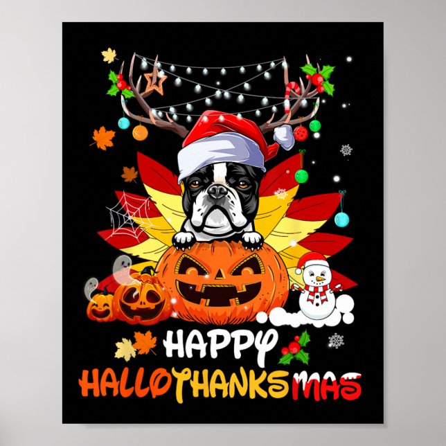 Affiche Boston Terrier Dog Halloween And Merry Christmas (Devant)