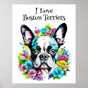 Affiche Boston Terrier et Fleurs