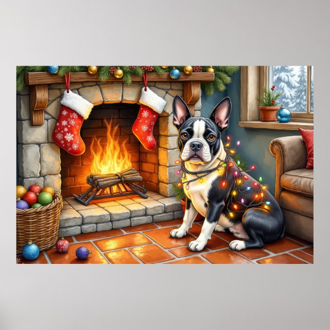 Affiche Boston Terrier Fireplace with Christmas Lights (Devant)