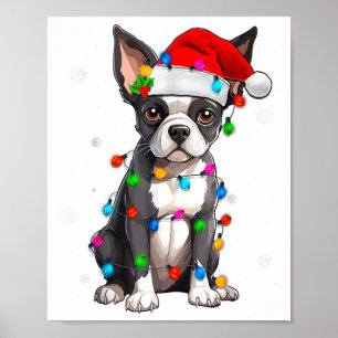 Affiche Boston Terrier Noël Chapeau de Père Noël Arbre Lum