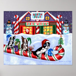 Affiche Boston Terriers Sucre de canne Père Noël Christm