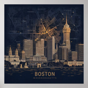 Affiche Boston, vue panoramique de la ville avec carte