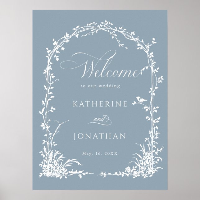Affiche Botanical Arch Garden Wedding Dusty Blue Welcome  (Devant)