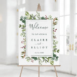Affiche Botanical Greenery Christmas Wedding Welcome Sign<br><div class="desc">This wedding welcome sign features painted watercolor eucalyptus greenery,  green leaves,  red berries,  pine branches with a green rectangle frame. For more advanced customization of this design,  please click the "Customize further" link.  Matching items are also available.</div>