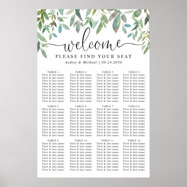 Affiche Botanical Greenery Welcome Mariage Seating Chart (Devant)