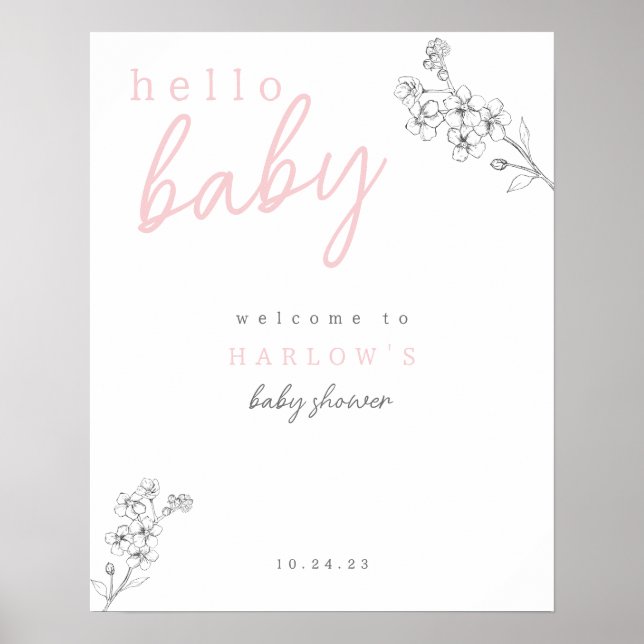 Affiche Botanical Rose Bonjour Baby shower bébé Bienvenue (Devant)